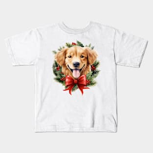 Christmas Golden Retriever Dog Wreath Kids T-Shirt